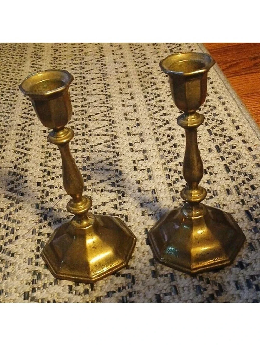 Nijhof Holland Brass Pair Octagon Taper Candle Holders Engraved Dutch Gold